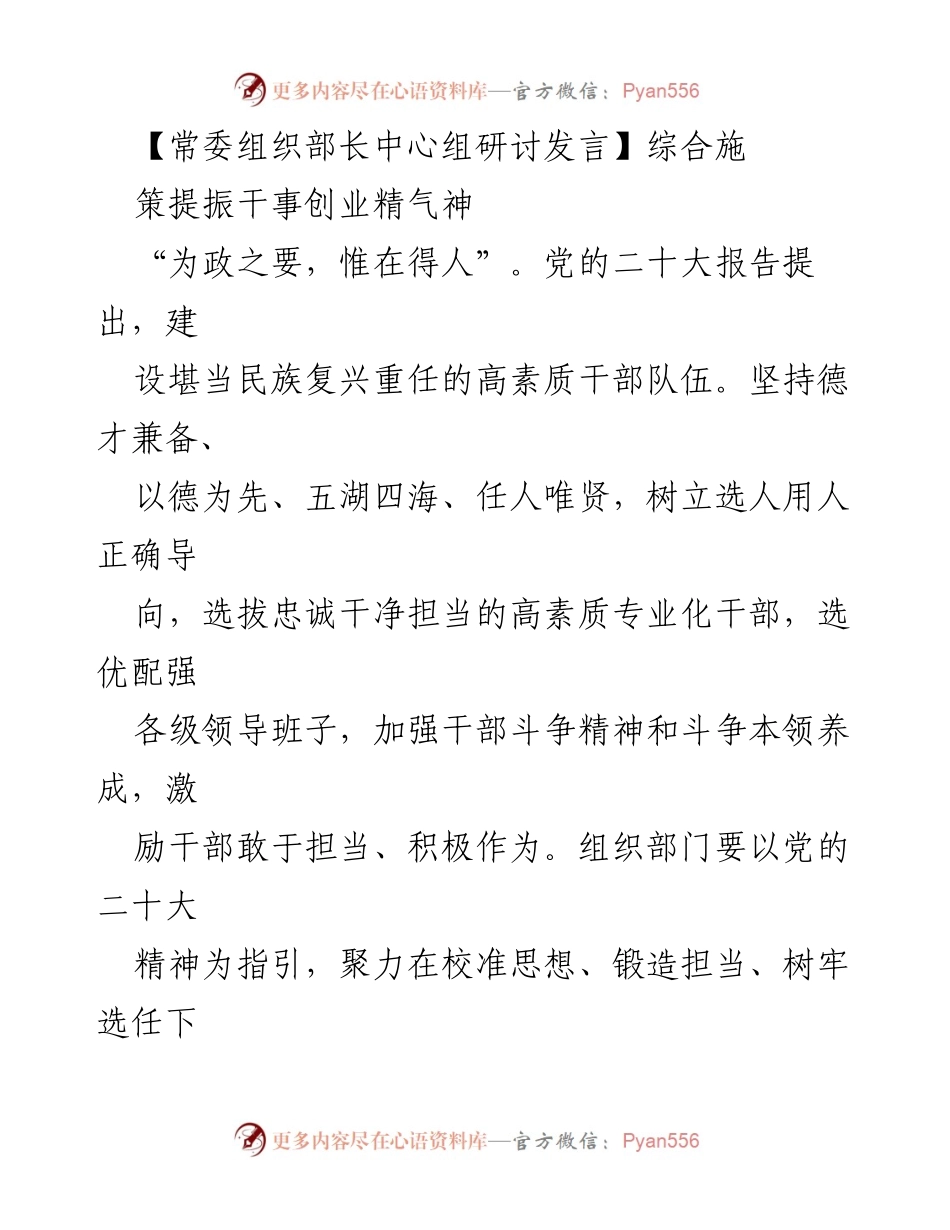 [发言] 常委组织部长中心组研讨 - 提振干部干事创业精气神的综合施策.docx_第1页