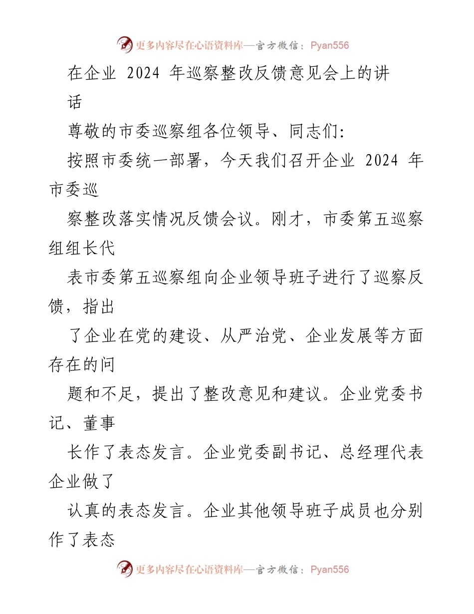 [发言] 巡察整改反馈会议 - 提高政治站位，落实巡察整改工作.docx_第1页