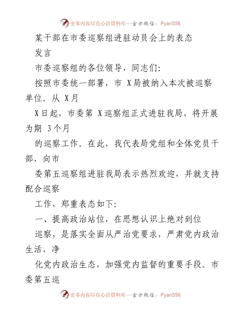 [发言] 市委巡察组进驻动员会 - 坚决支持市委巡察，确保工作落实.docx_第1页
