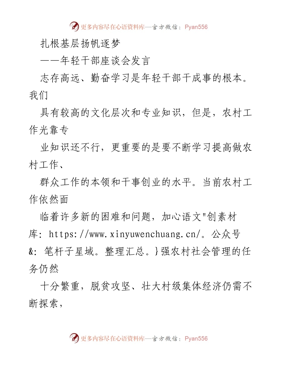 [发言] 年轻干部座谈会 - 扎根基层，勇挑重担，扬帆逐梦.docx_第1页