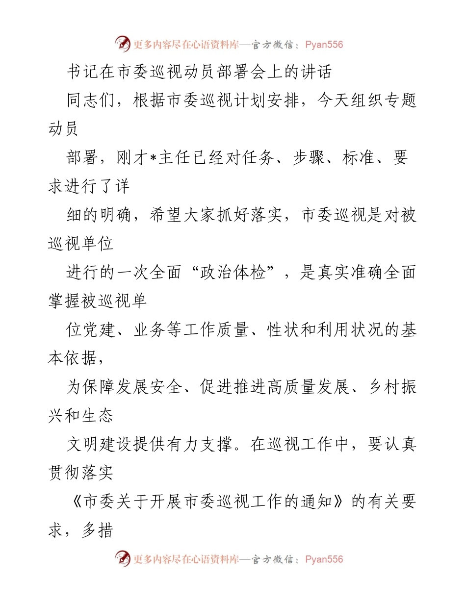 [发言] 市委巡视动员部署会 - 加强巡视工作，筑牢廉政防线_2.docx_第1页