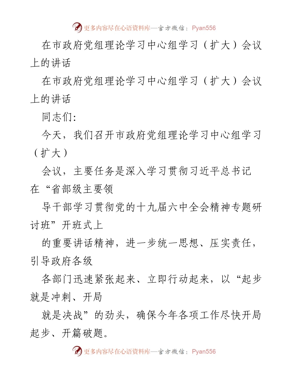 [发言] 市政府党组理论学习中心组学习（扩大）会议 - 深入学习贯彻习近平总书记重要讲话精神，推动政府工作落实.docx_第1页