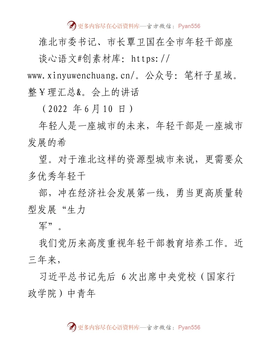 [发言] 年轻干部座谈会 - 淮北市委书记讲话：激励年轻干部为城市转型发展贡献力量.docx_第1页