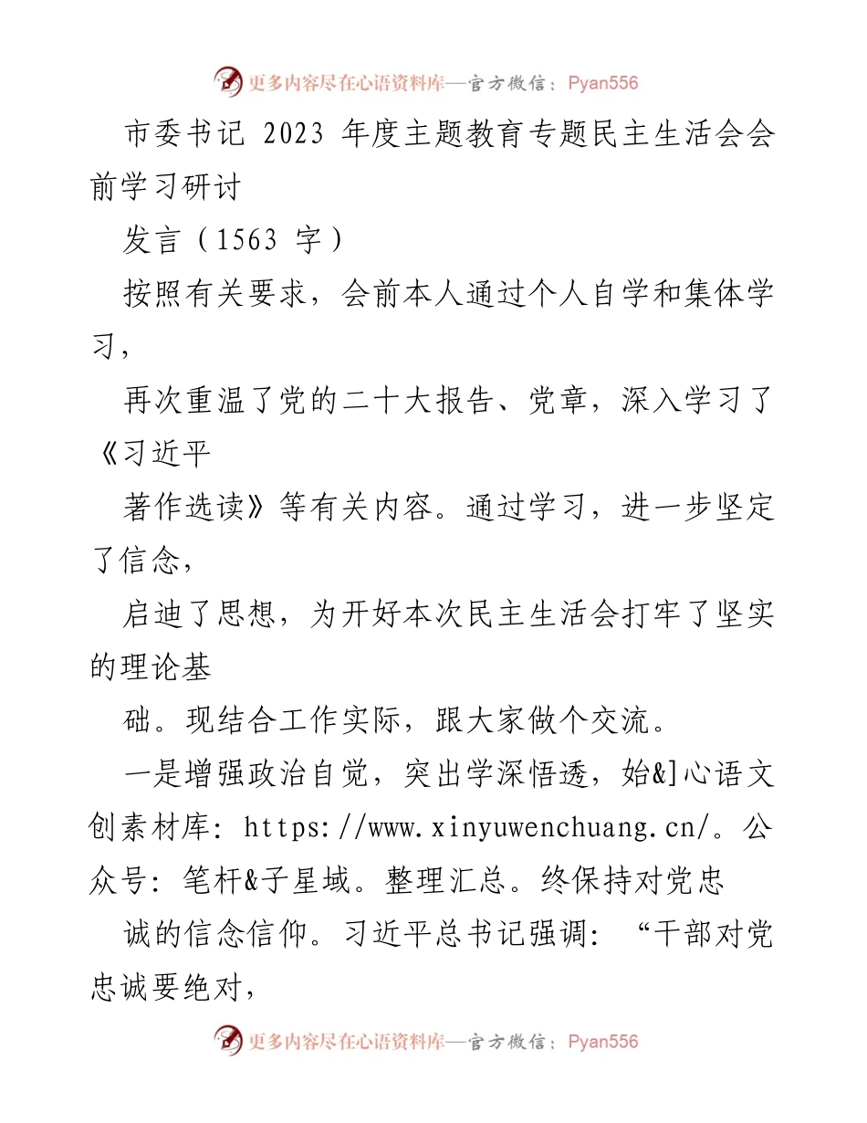 [发言] 市委书记年度主题教育专题民主生活会 - 加强政治自觉，推动高质量发展.docx_第1页