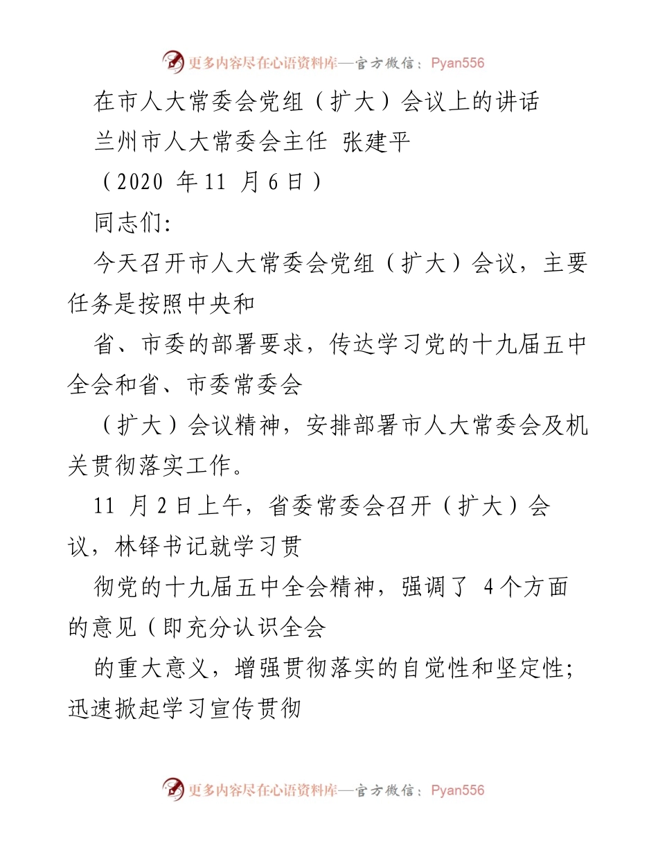 [发言] 市人大常委会党组（扩大）会议 - 深入学习贯彻党的十九届五中全会精神的重要性.docx_第1页