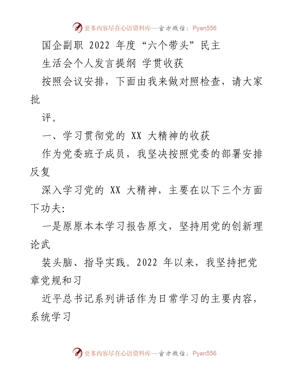[发言] 年度民主生活会 - 国企副职年度民主生活会个人发言提纲.docx_第1页
