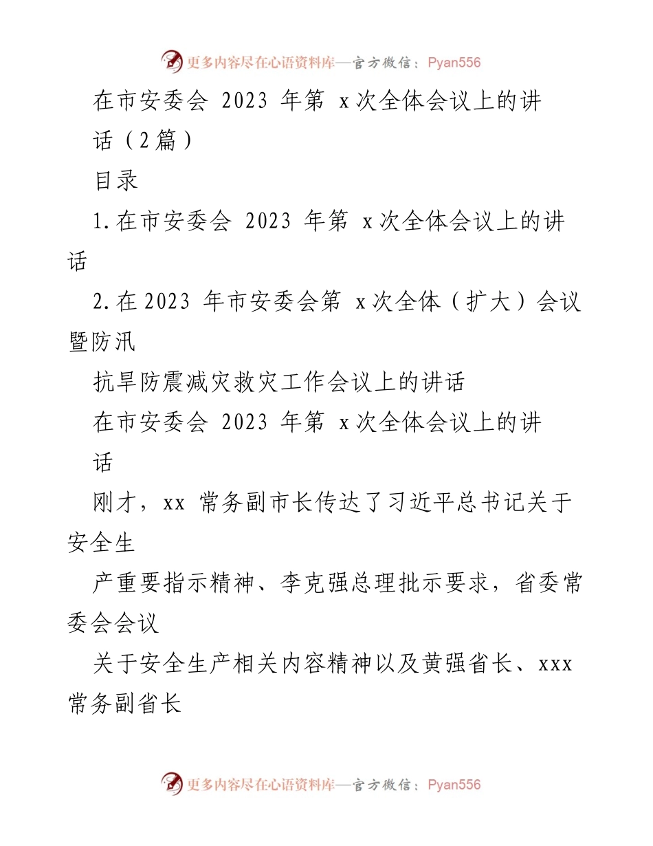 [发言] 市安委会全体会议 - 强调安全生产的重要性与防范措施.docx_第1页
