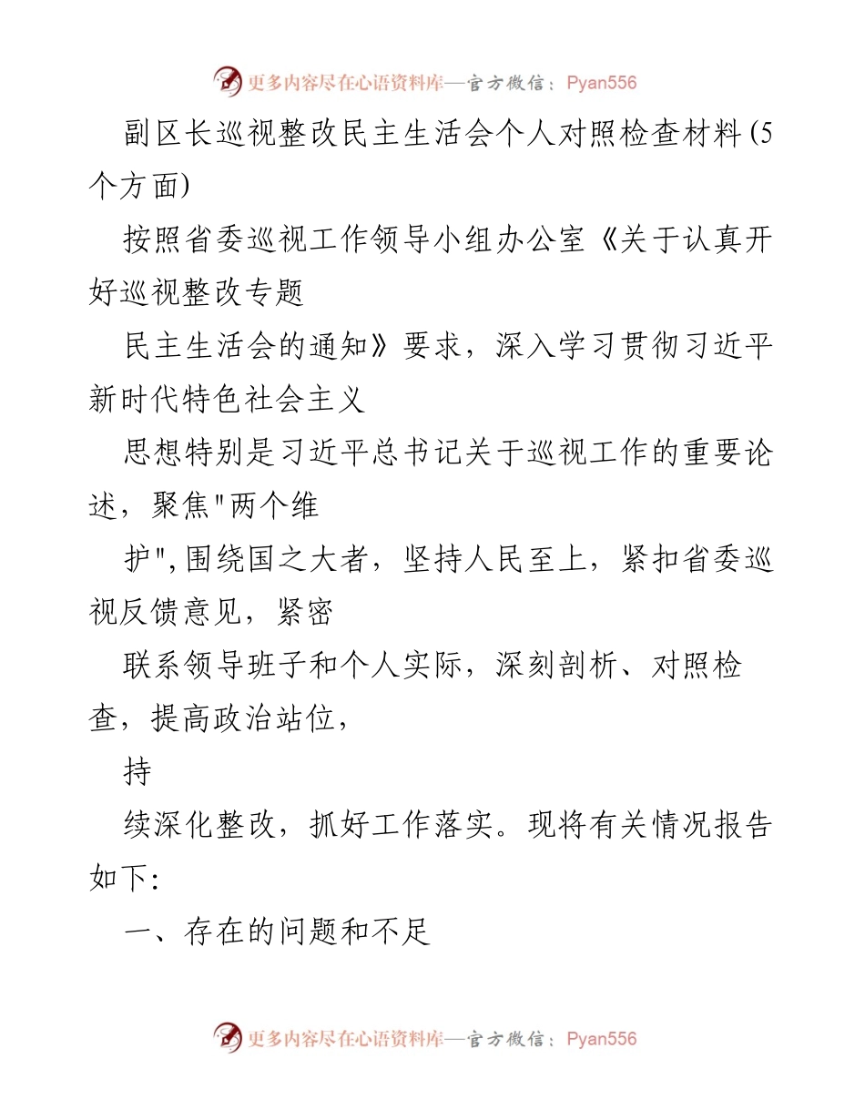 [发言] 巡视整改专题民主生活会 - 副区长巡视整改民主生活会个人对照检查材料分析.docx_第1页