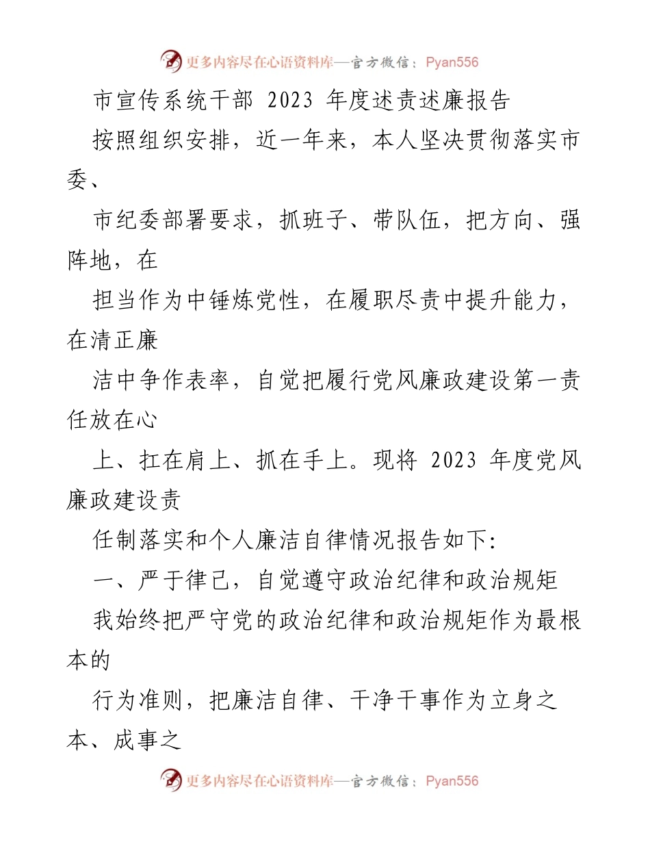 [发言] 市宣传系统干部年度工作总结 - 2023年度述责述廉报告.docx_第1页