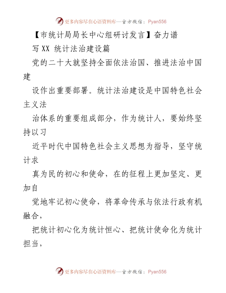 [发言] 市统计局局长中心组研讨 - 奋力推进统计法治建设，实现高质量发展.docx_第1页