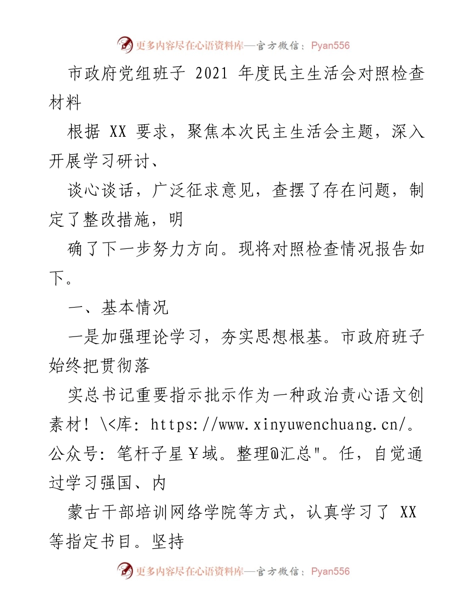 [发言] 市政府党组班子 2021 年度民主生活会 - 市政府党组班子2021年度民主生活会对照检查与整改报告.docx_第1页
