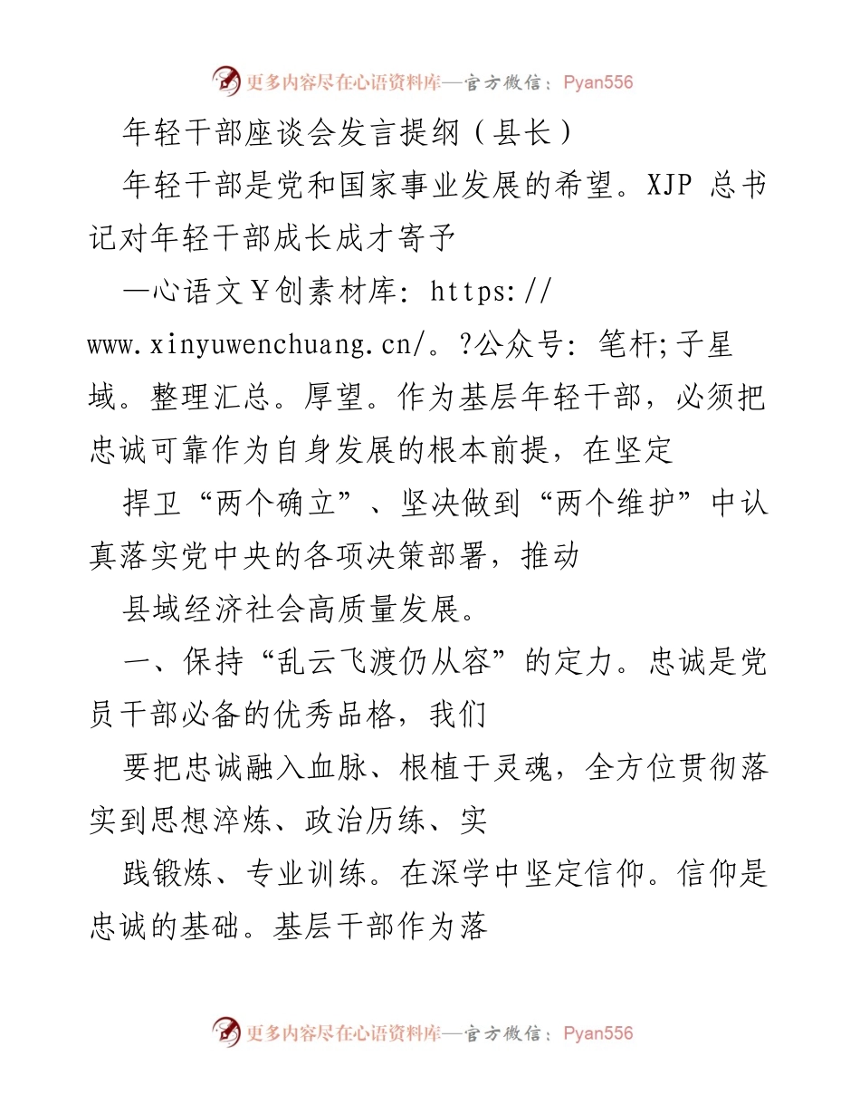 [发言] 年轻干部座谈会 - 坚守忠诚，担当重任：年轻干部的使命与责任.docx_第1页