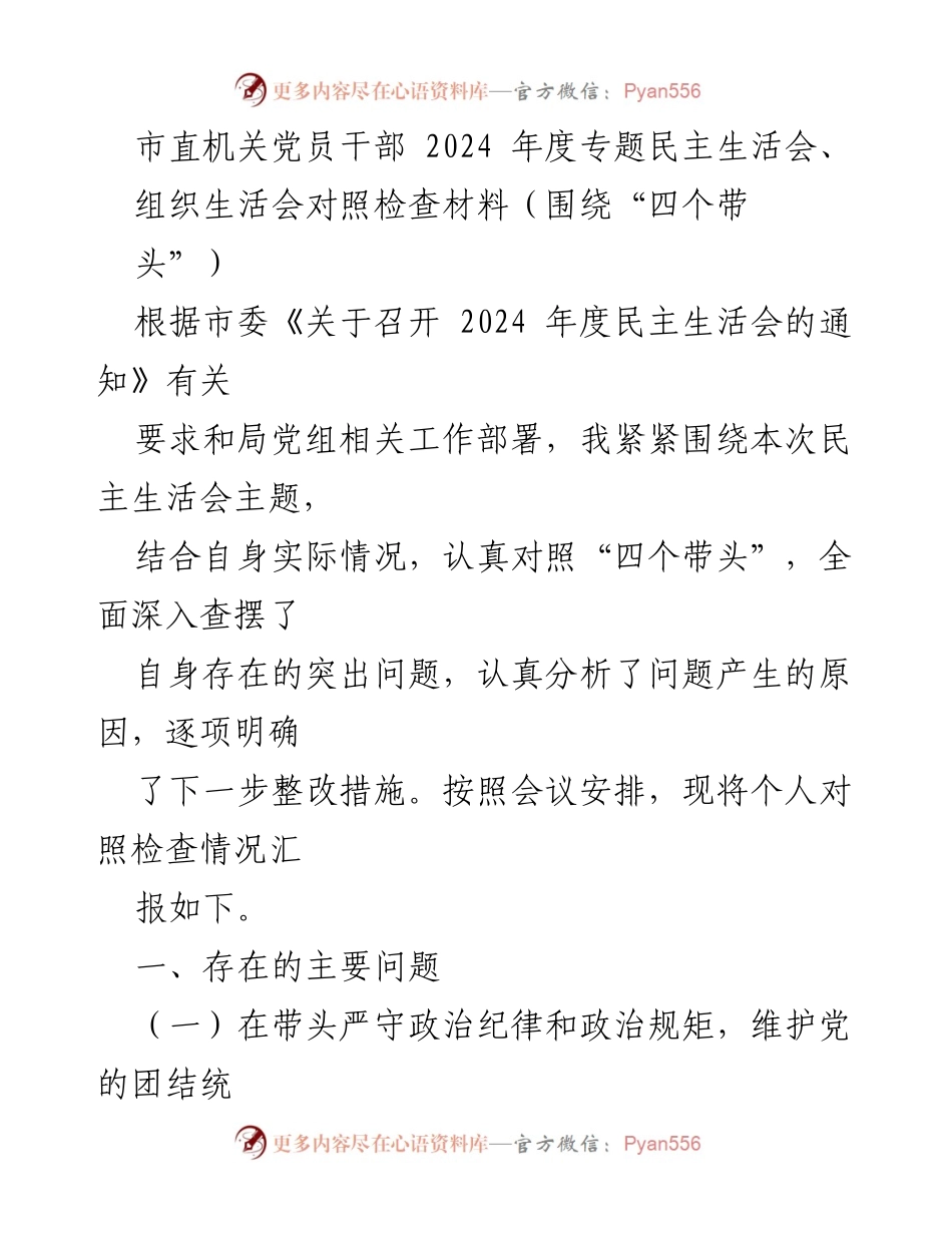 [发言] 市直机关党员干部 2024 年度专题民主生活会 - 个人对照检查材料汇报.docx_第1页