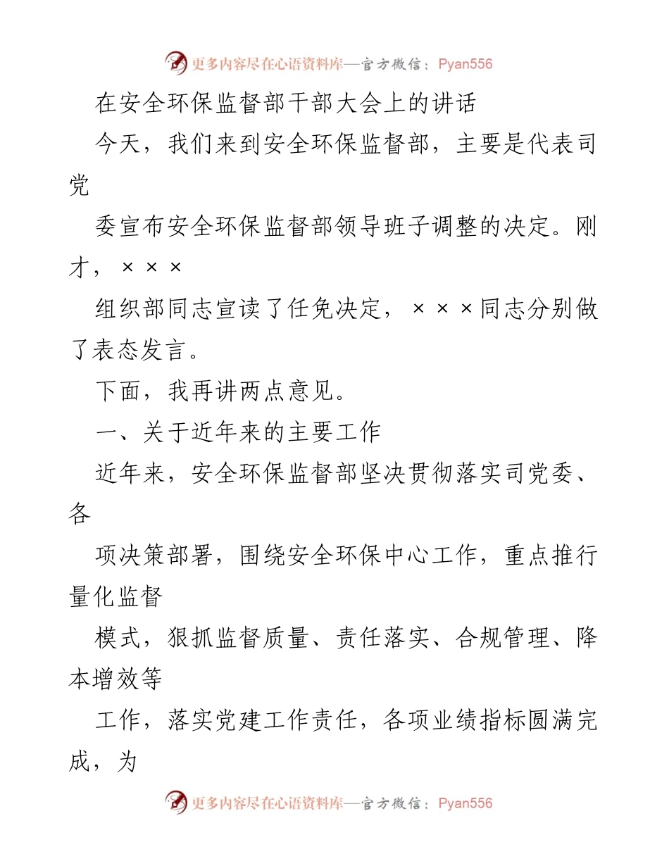 [发言] 干部大会 - 安全环保监督部领导班子调整与工作总结发言.docx_第1页