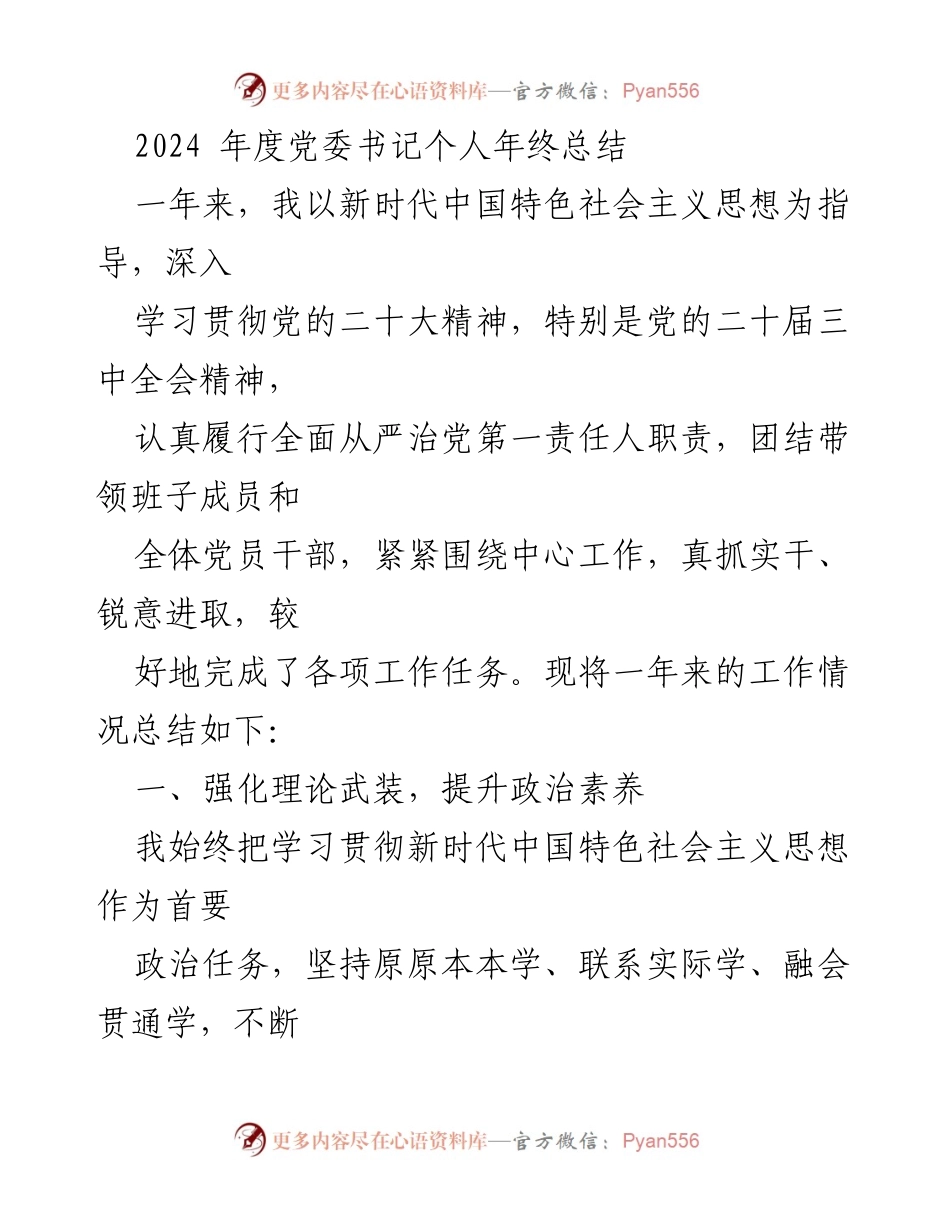 [发言] 年终总结 - 2024年度党委书记个人年终总结报告.docx_第1页