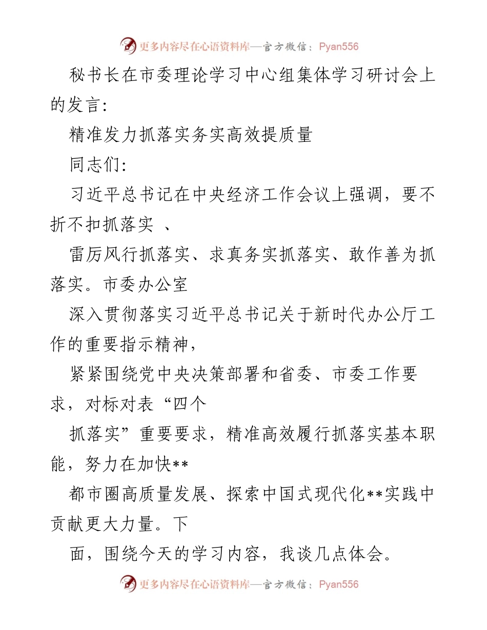 [发言] 市委理论学习中心组集体学习研讨会 - 精准发力，务实高效推动高质量发展.docx_第1页