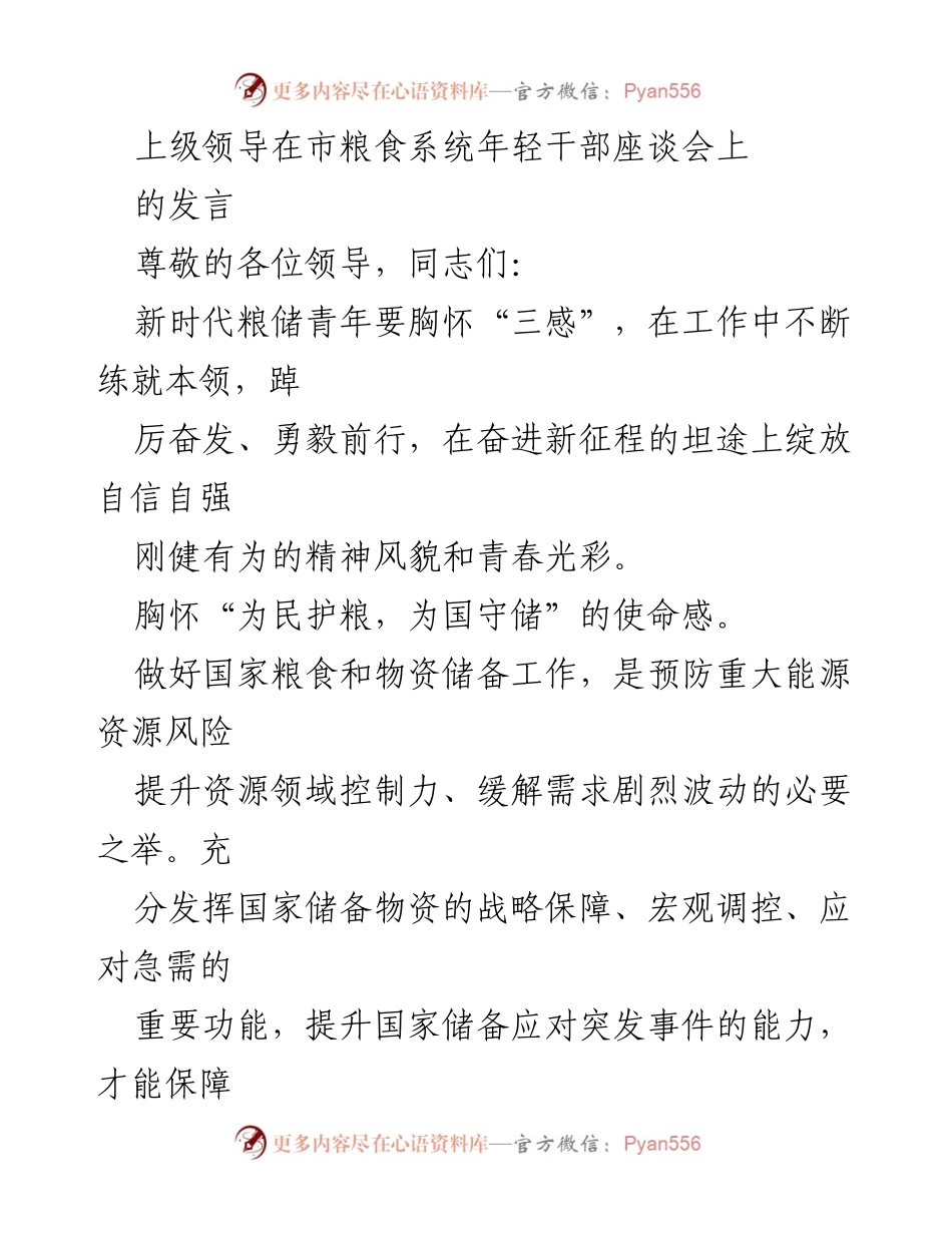 [发言] 市粮食系统年轻干部座谈会 - 新时代粮储青年：胸怀使命感、责任感与紧迫感.docx_第1页