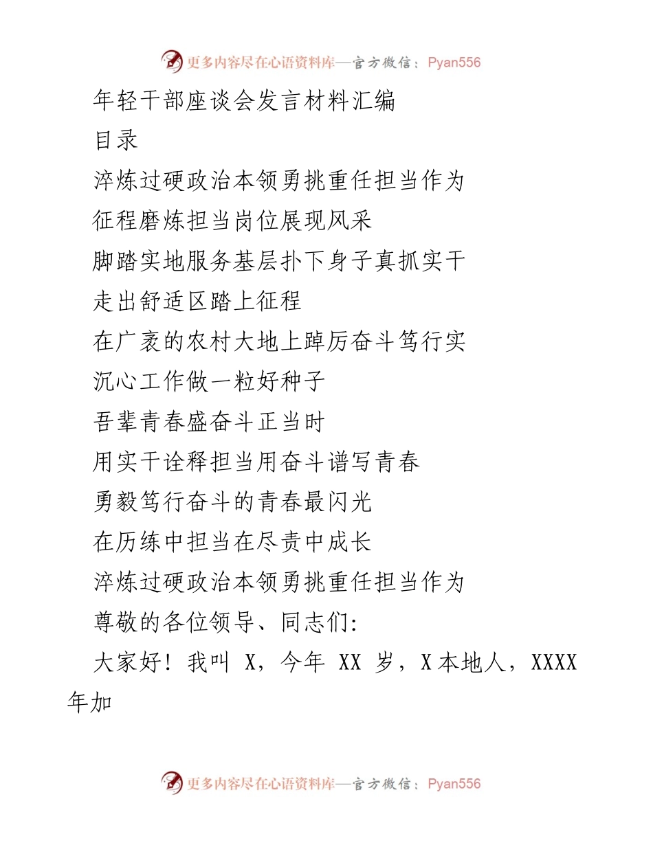 [发言] 年轻干部座谈会 - 锤炼政治本领，勇担重任，展现青春风采_1.docx_第1页