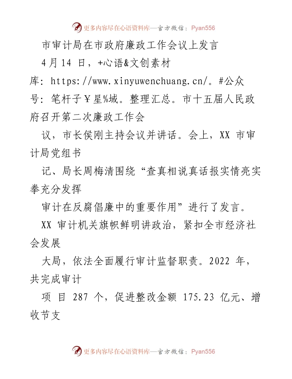 [发言] 市政府廉政工作会议 - 审计局在反腐倡廉中的重要作用.docx_第1页
