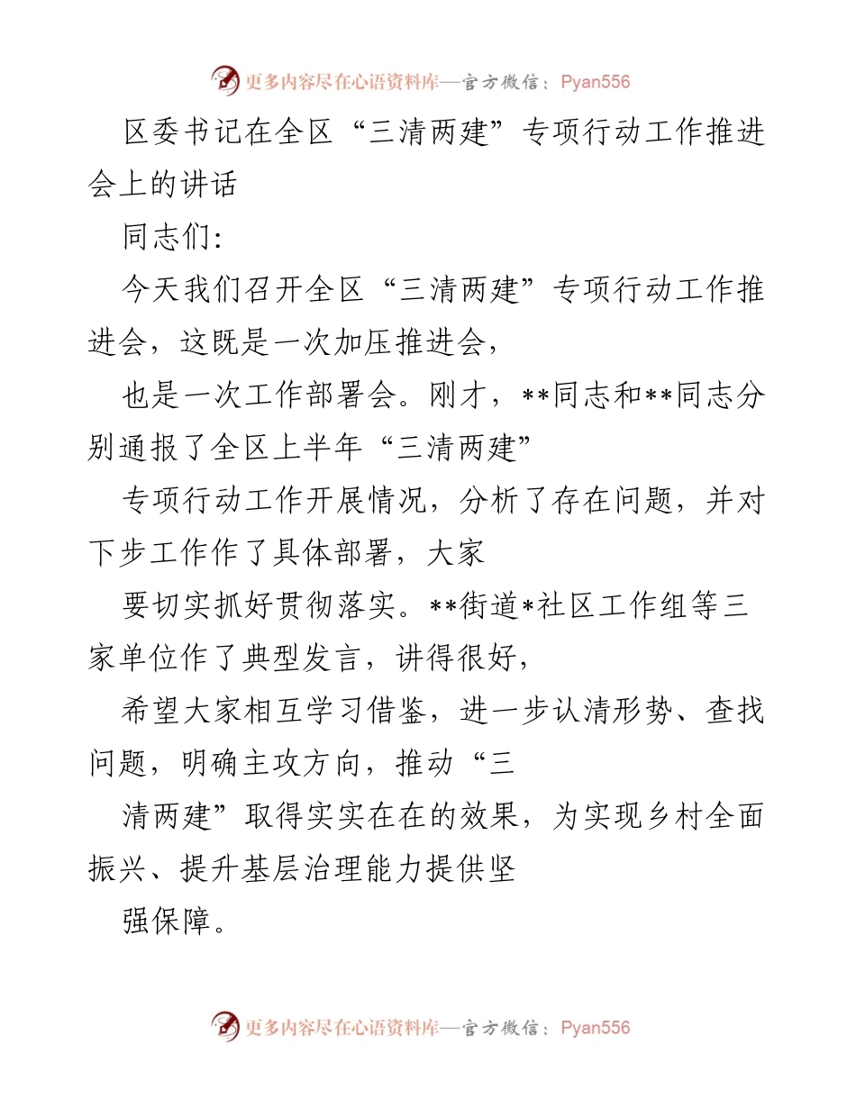 [发言] 工作推进会 - 加压推进“三清两建”专项行动，确保乡村振兴成效.docx_第1页