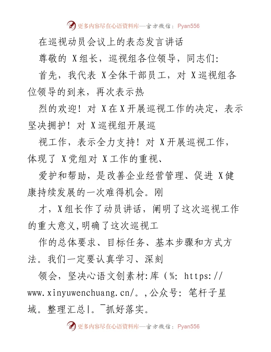 [发言] 巡视动员会议 - 坚决支持巡视工作，确保顺利开展.docx_第1页