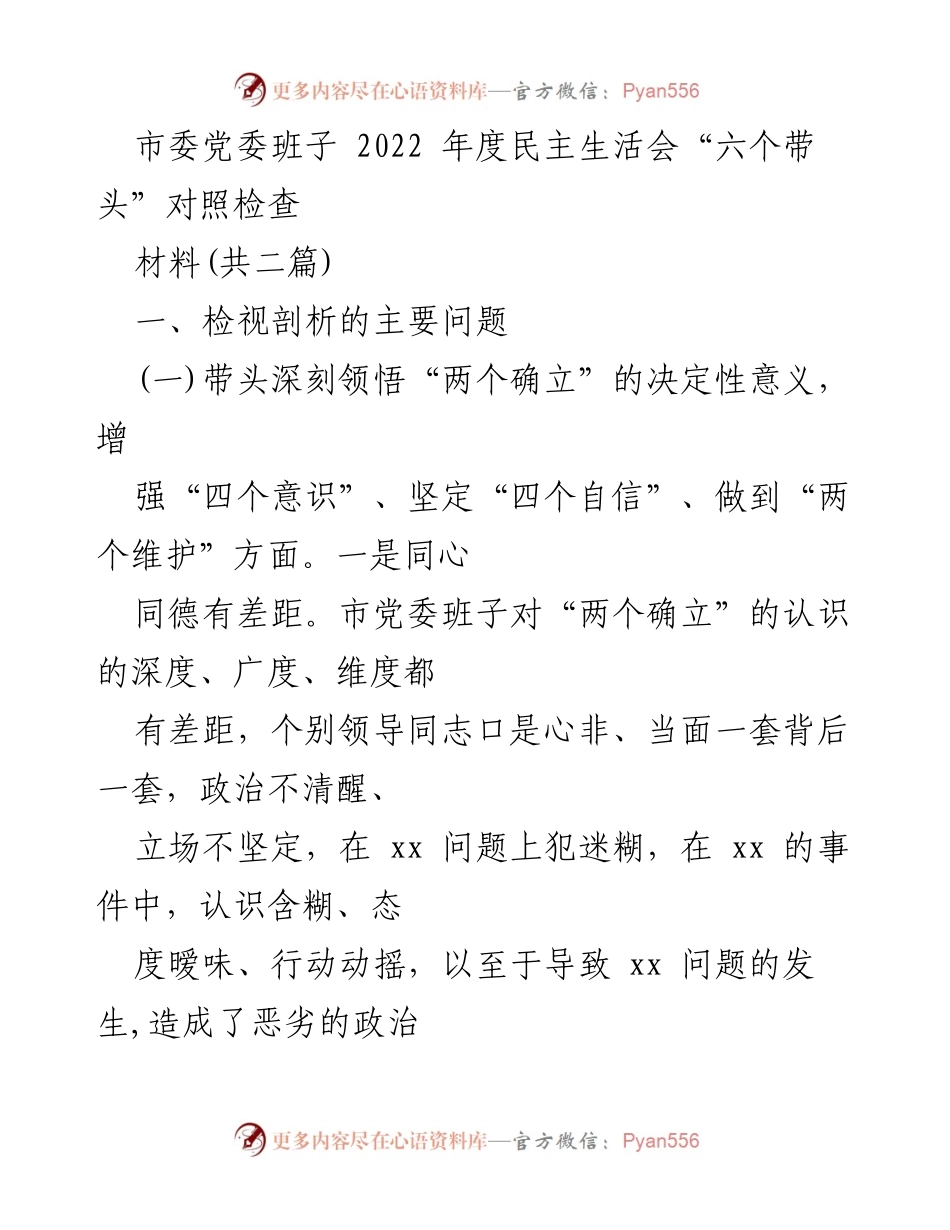 [发言] 市委党委年度民主生活会 - 深刻检视与反思：推动“六个带头”的落实.docx_第1页