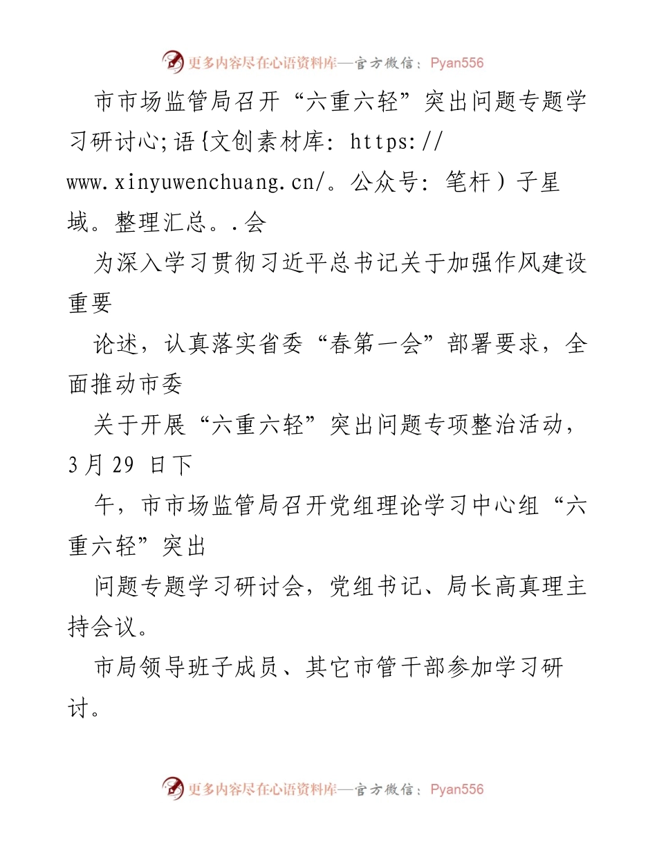 [发言] 市市场监管局 - “六重六轻”突出问题专项整治活动专题学习研讨会总结.docx_第1页