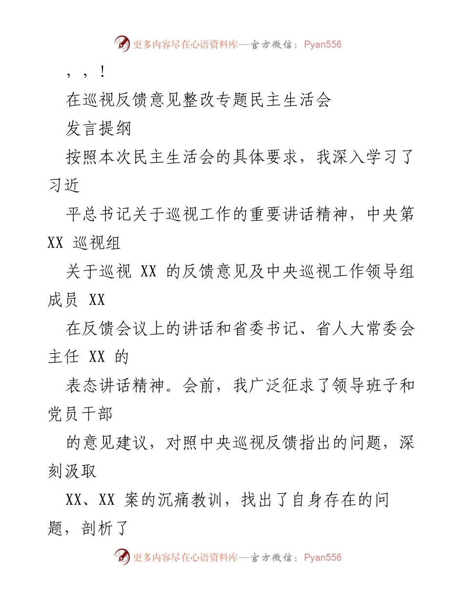 [发言] 巡视反馈意见整改专题民主生活会发言提纲.docx_第1页