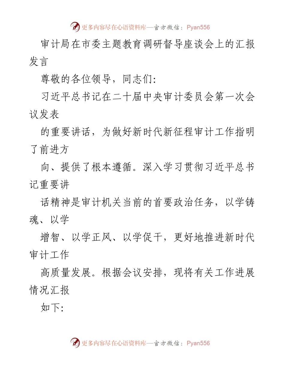 [发言] 市委主题教育调研督导座谈会 - 深入学习贯彻习近平总书记重要讲话精神推动新时代审计工作高质量发展.docx_第1页