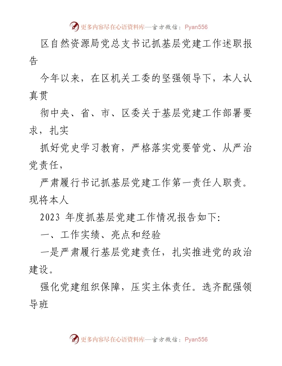 [发言] 年度述职 - 2023年度区自然资源局党总支书记基层党建工作述职报告.docx_第1页