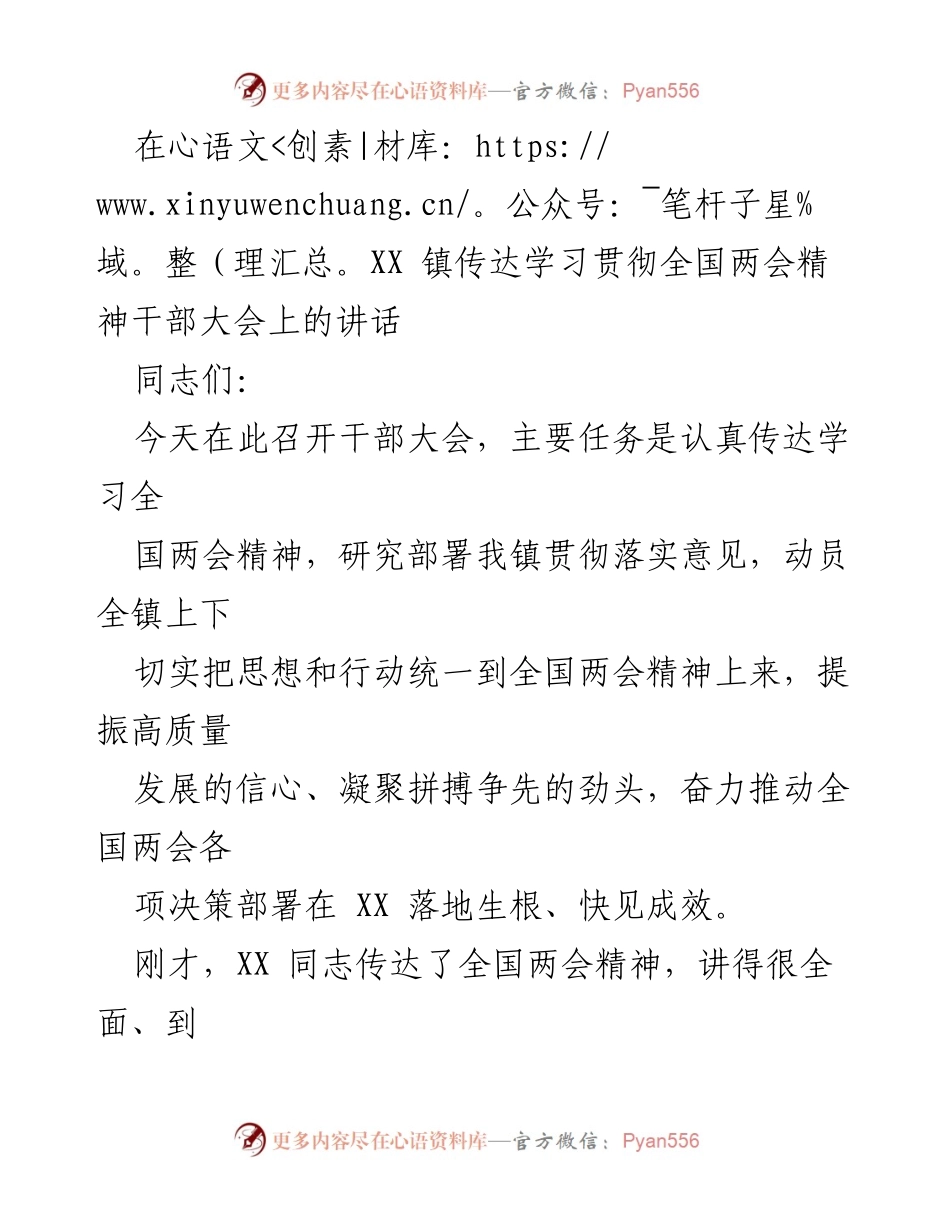 [发言] 干部大会 - 贯彻全国两会精神的动员讲话.docx_第1页