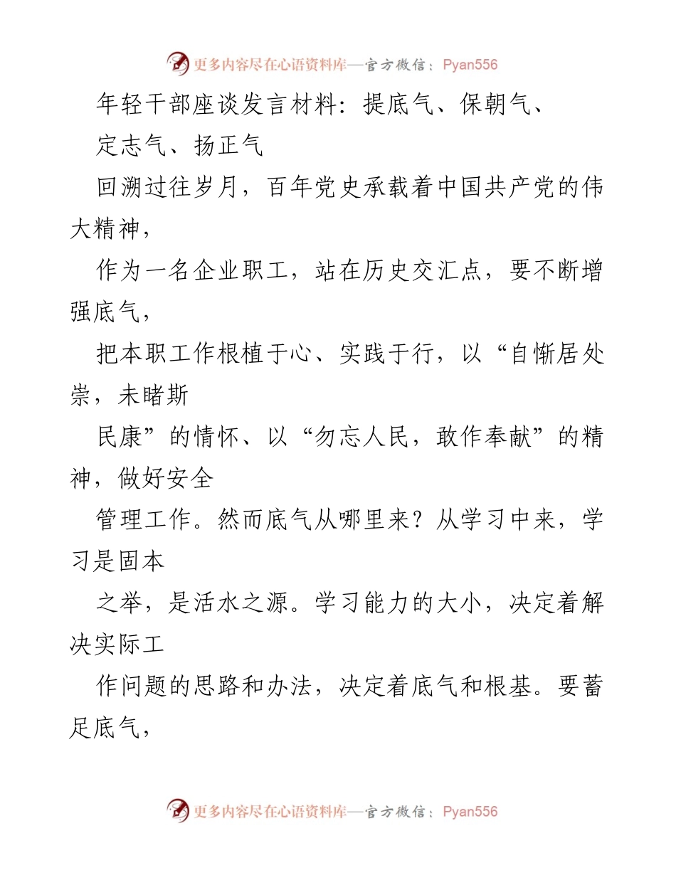 [发言] 年轻干部座谈 - 提升底气、朝气与志气的年轻干部成长之路.docx_第1页