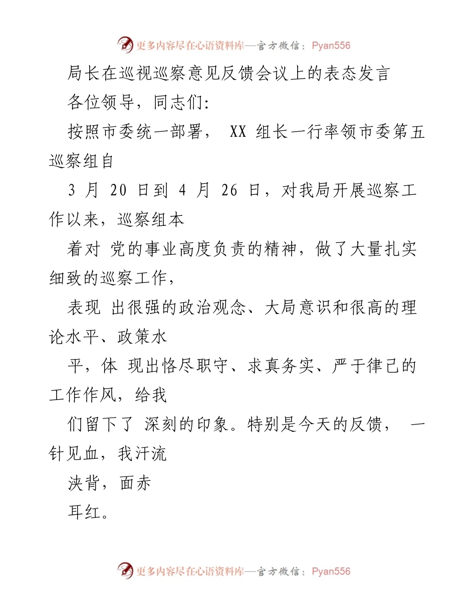 [发言] 巡视巡察意见反馈会议 - 局长表态：全力整改，落实巡察反馈意见.docx_第1页