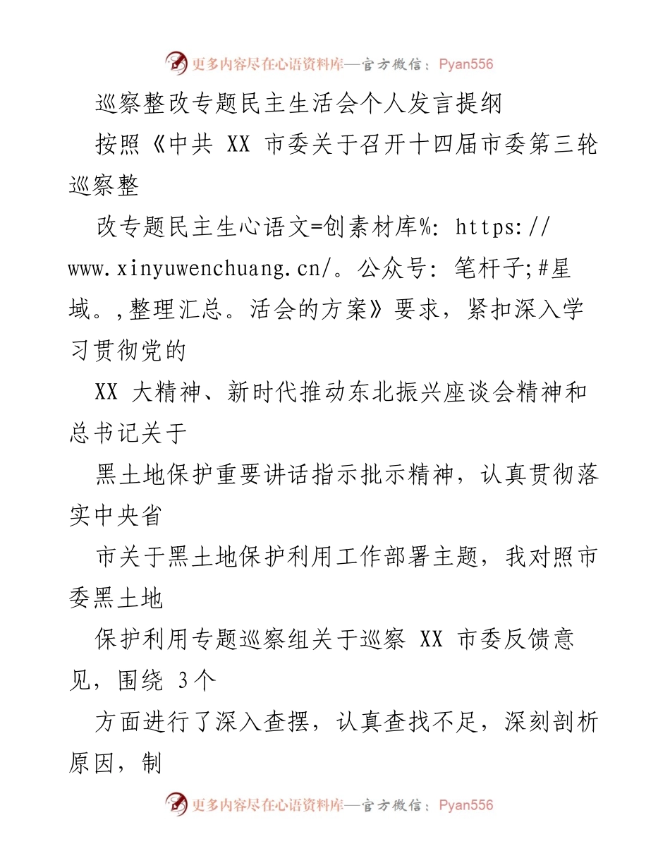 [发言] 巡察整改专题民主生活会 - 黑土地保护利用工作整改发言提纲.docx_第1页