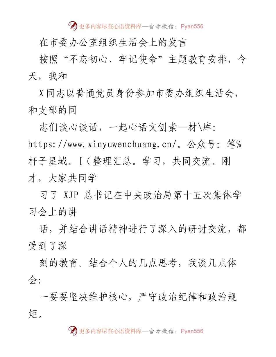 [发言] 市委办公室组织生活会 - 坚守政治纪律，维护核心，服务人民.docx_第1页