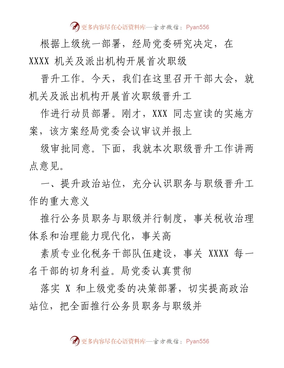 [发言] 干部大会 - 首次职级晋升工作动员部署讲话.docx_第1页