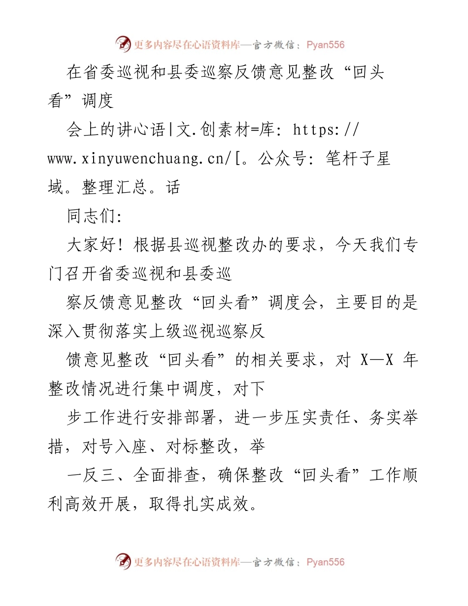 [发言] 巡视整改调度会 - 深入推进巡视整改“回头看”工作.docx_第1页