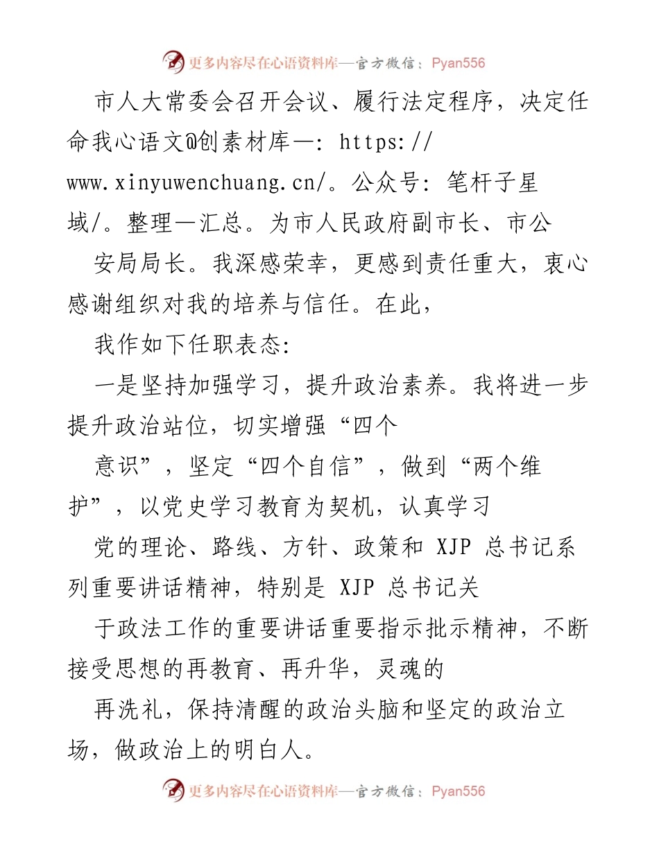 [发言] 市人大常委会会议 - 任命表态发言：坚守责任，服务人民，建设平安社会.docx_第1页