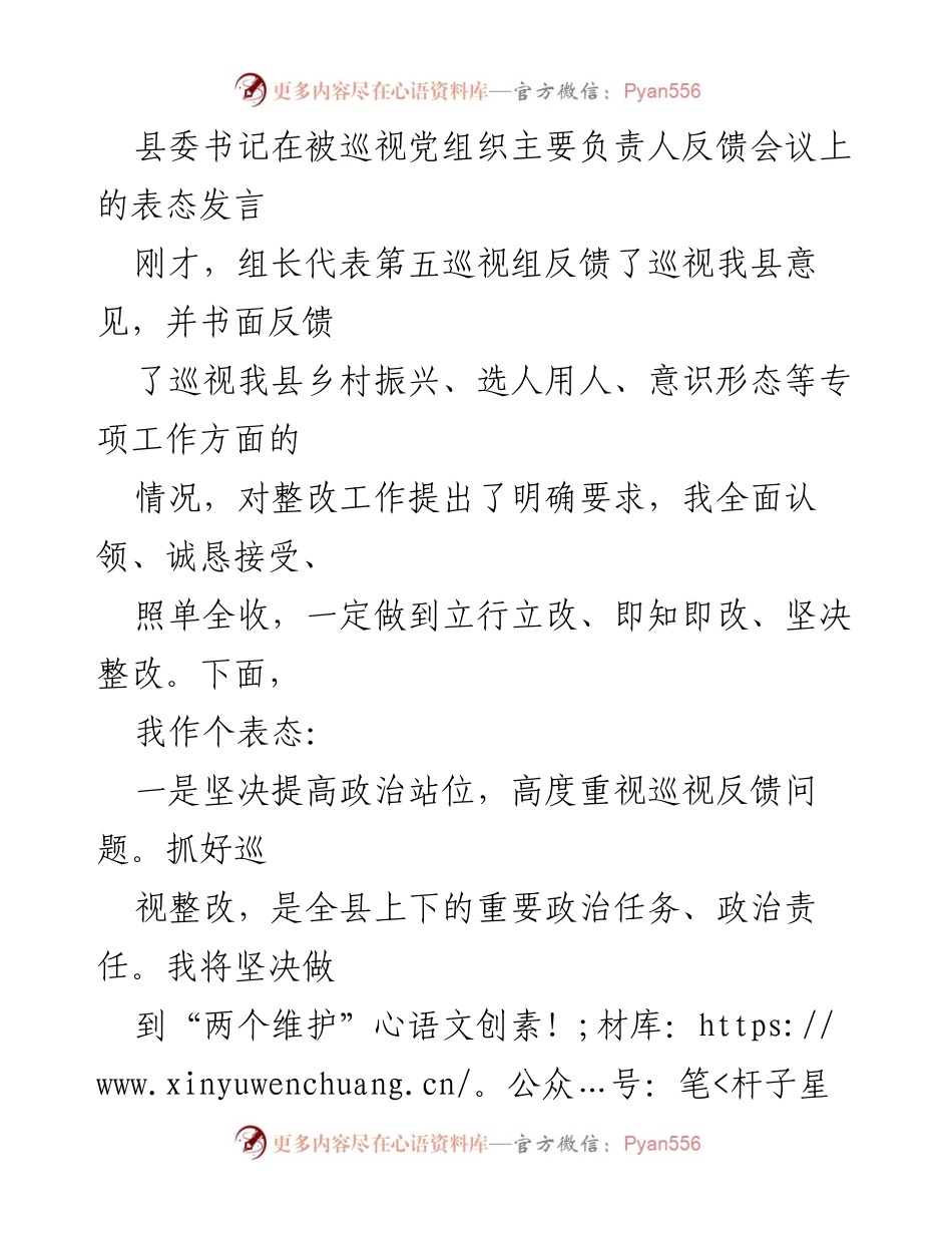 [发言] 巡视反馈会议 - 县委书记表态发言：坚决整改，推动全面从严治党.docx_第1页