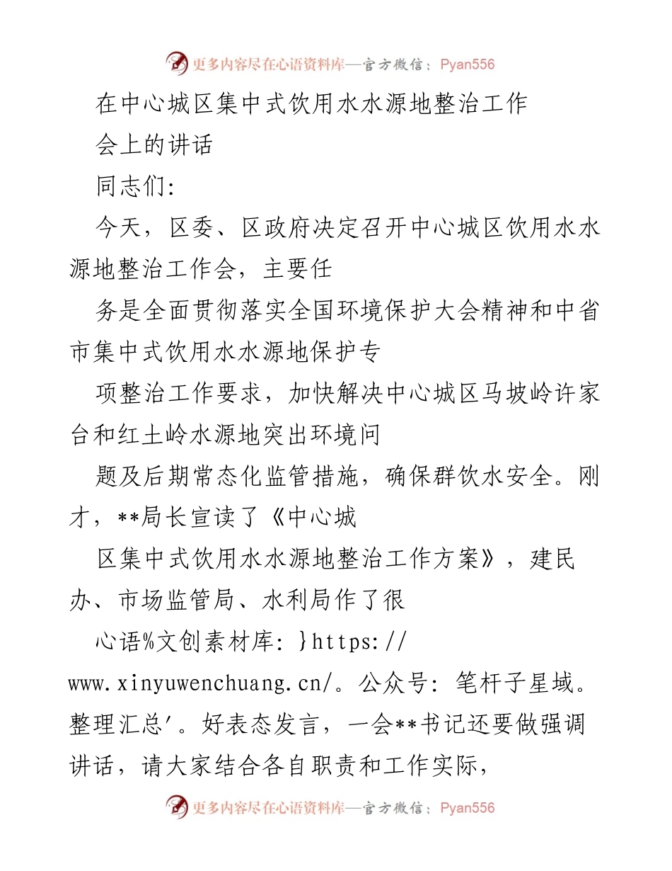 [发言] 工作会议 - 强调中心城区饮用水水源地整治的重要性与紧迫性.docx_第1页
