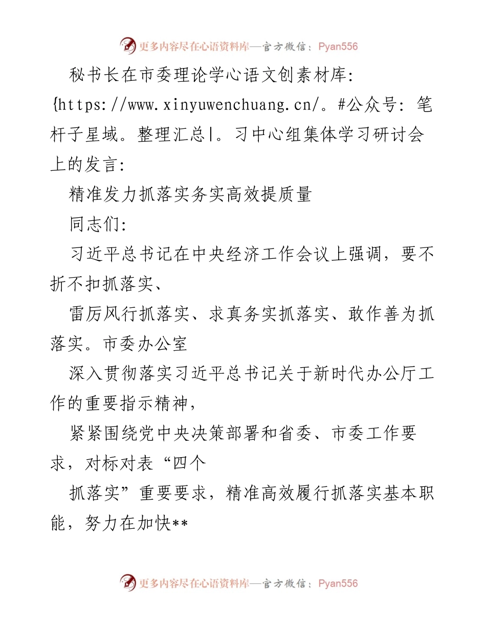 [发言] 市委理论学习中心组集体学习研讨会 - 精准发力抓落实，务实高效提质量.docx_第1页
