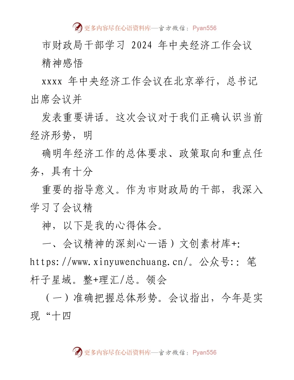 [发言] 市财政局干部学习会 - 深入学习2024年中央经济工作会议精神的心得体会.docx_第1页