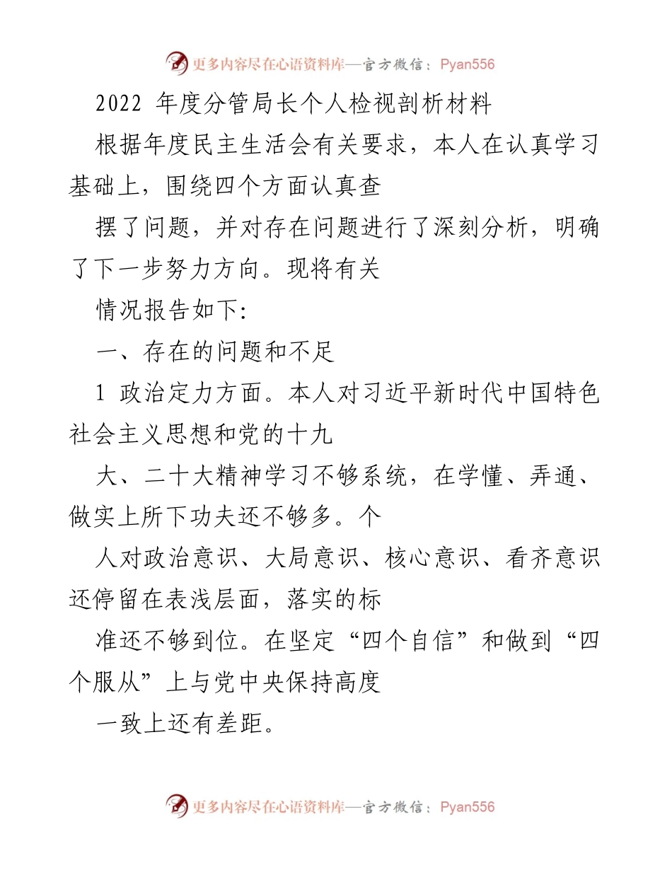[发言] 年度民主生活会 - 2022年度分管局长个人检视剖析报告.docx_第1页