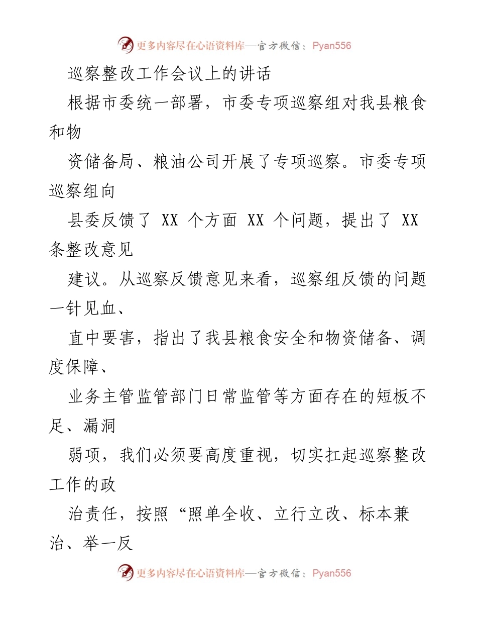 [发言] 巡察整改工作会议 - 强化责任落实，切实推进巡察整改工作_1.docx_第1页