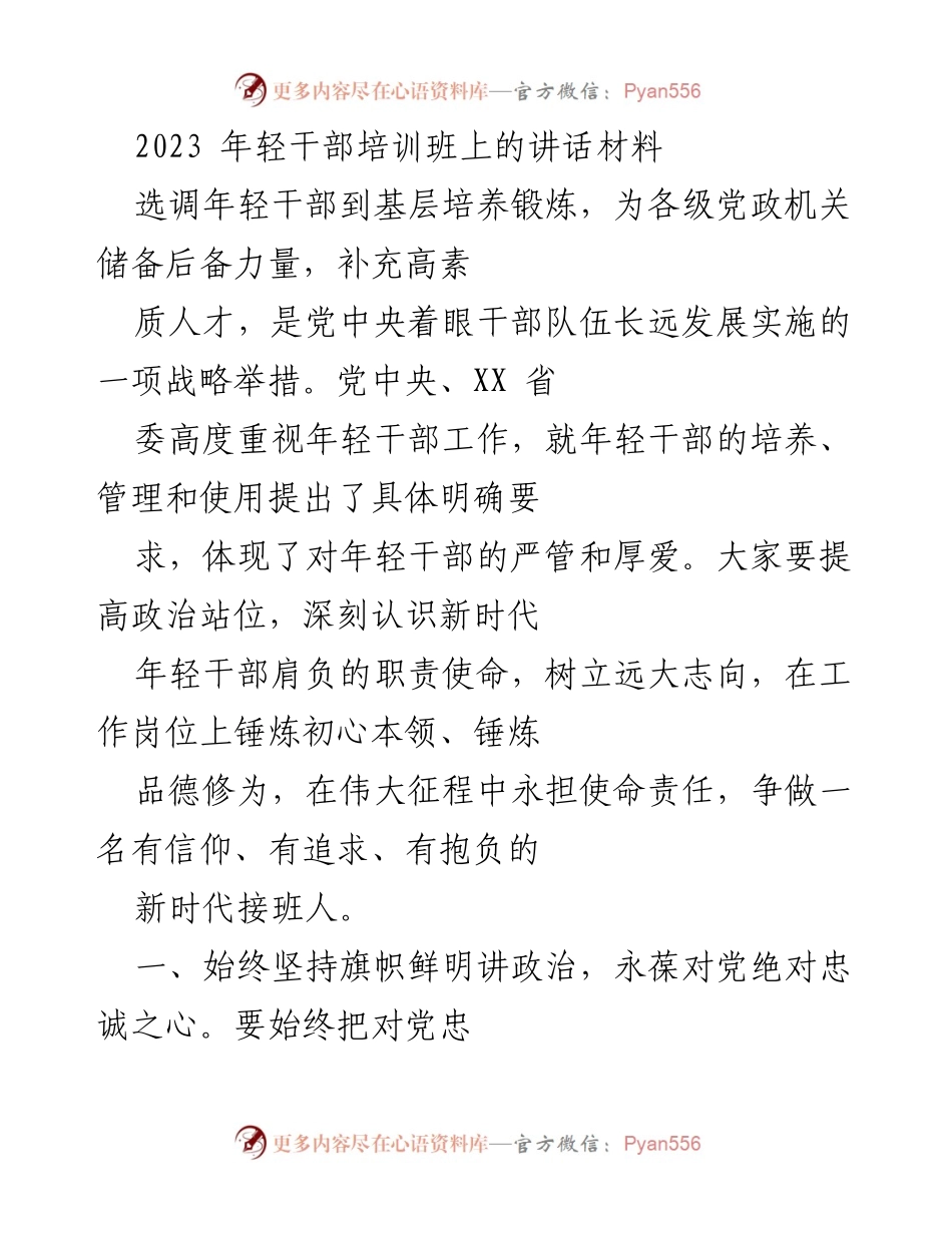 [发言] 年轻干部培训班 - 培养新时代年轻干部的使命与责任.docx_第1页