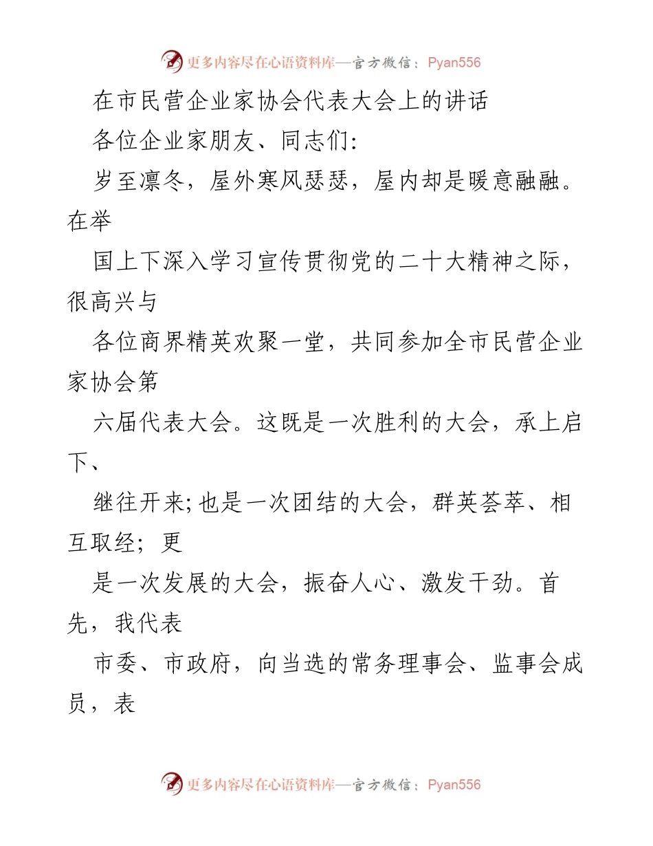 [发言] 市民营企业家协会代表大会 - 民营经济发展的信心与机遇.docx_第1页
