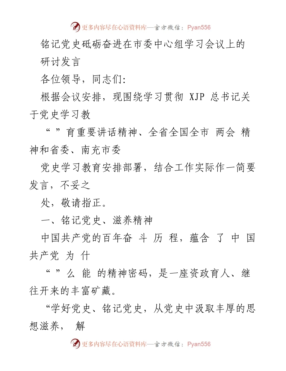 [发言] 市委中心组学习会议 - 铭记党史，汲取信念与精神力量.docx_第1页