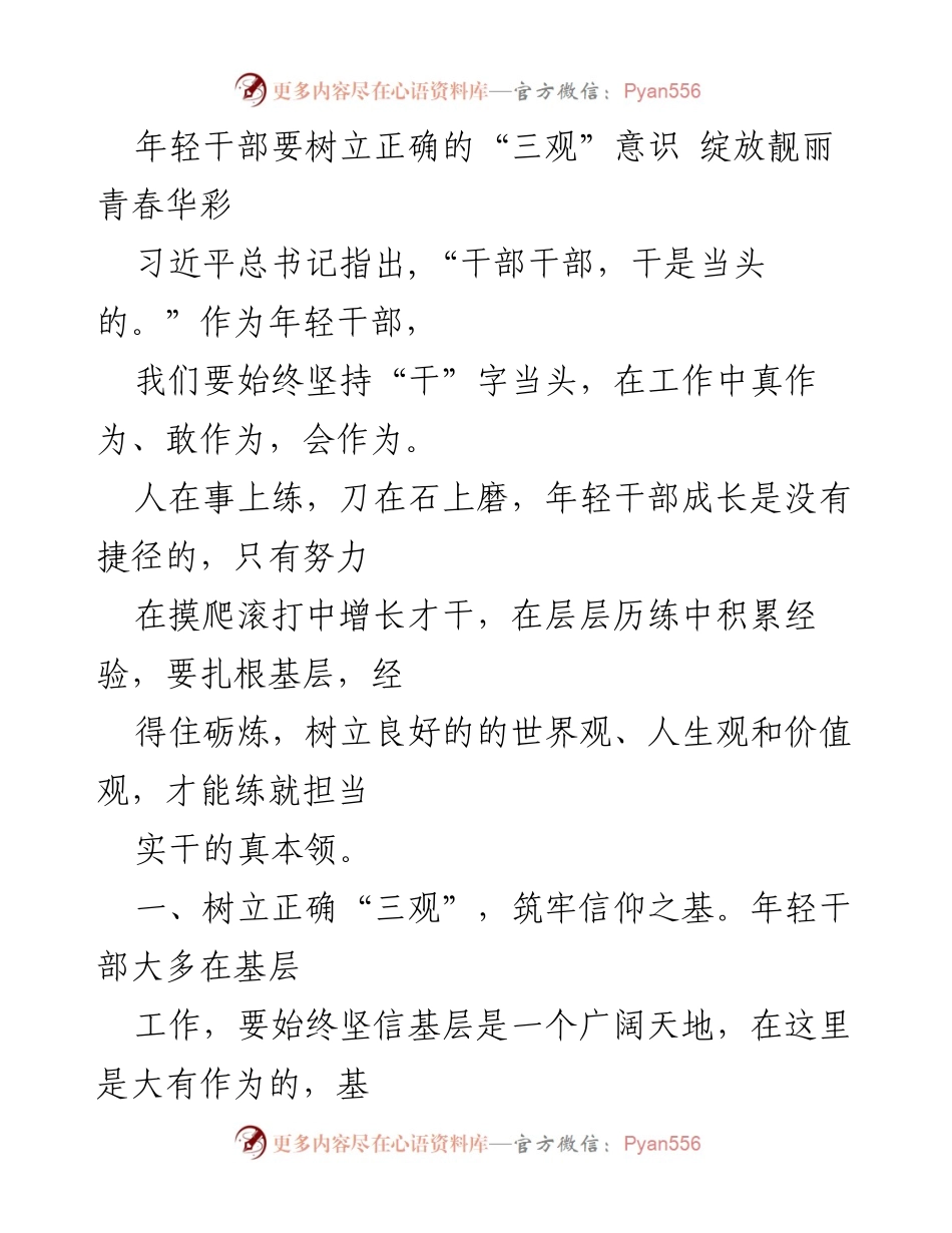 [发言] 年轻干部培训 - 树立“三观”，绽放青春华彩.docx_第1页