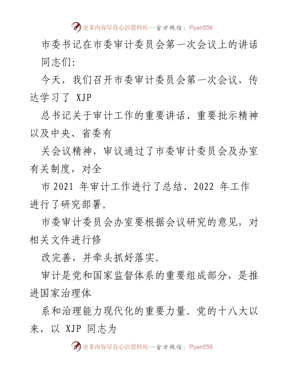 [发言] 市委审计委员会第一次会议 - 加强审计工作，推动高质量发展.docx_第1页