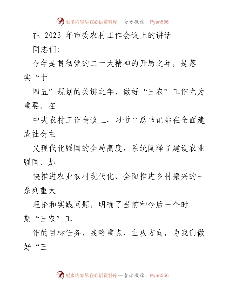 [发言] 市委农村工作会议 - 深入贯彻中央精神，推动农业农村现代化新局面.docx_第1页